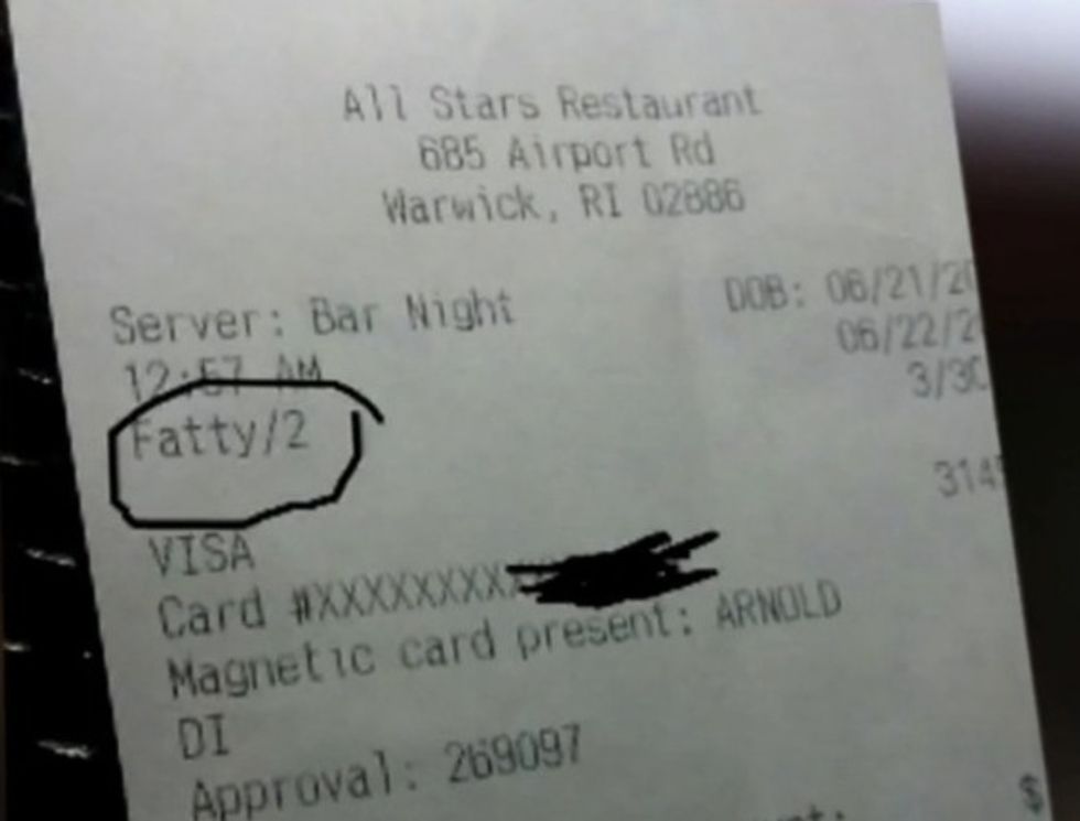 Customer Called 'Fatty' on Receipt, So Restaurant Owner Fires the Guilty Server. And It Doesn't Exactly Help That the Culprit Is His Own Son.