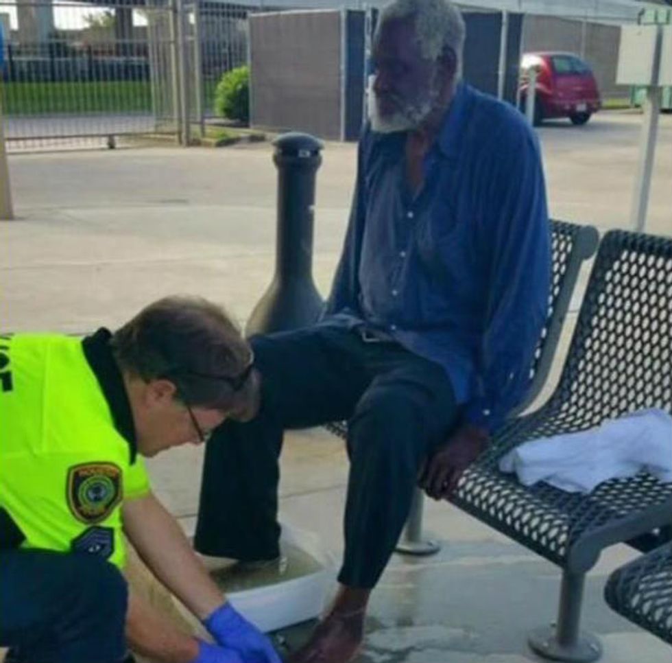 Sobering Photo Captures Moment Officer Stops to Help Nearly Blind Homeless Man