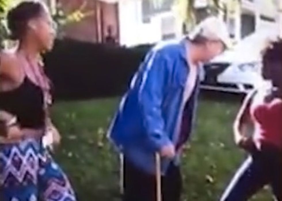 62-year-old man with a cane tells teens to get off his lawn. Watch how the offended youngsters respond to him.