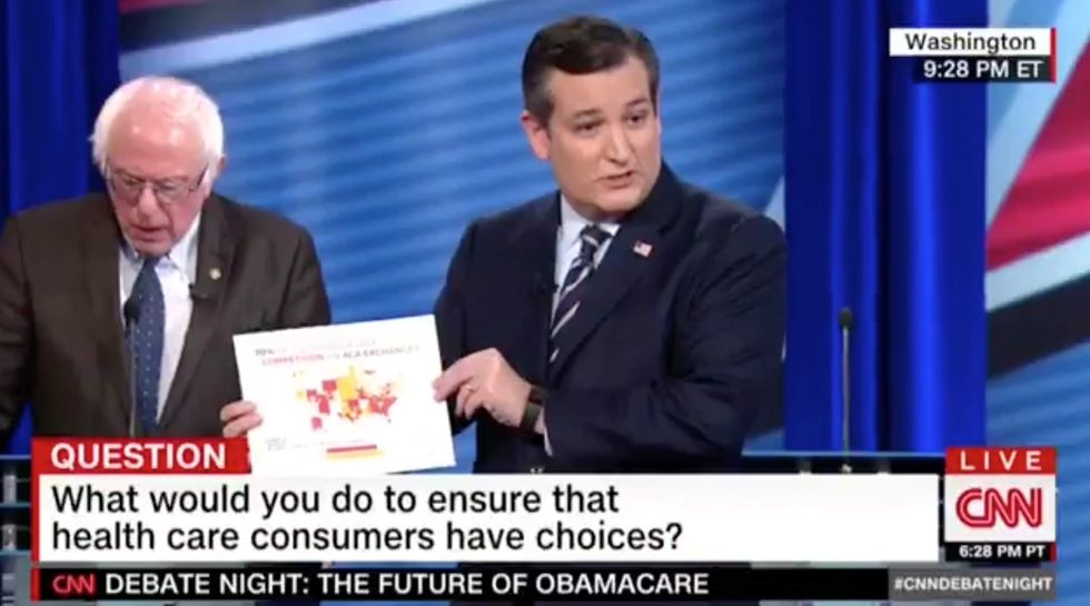 Cruz pulls out map during debate to draw connection between Obamacare failures and Trump's victory