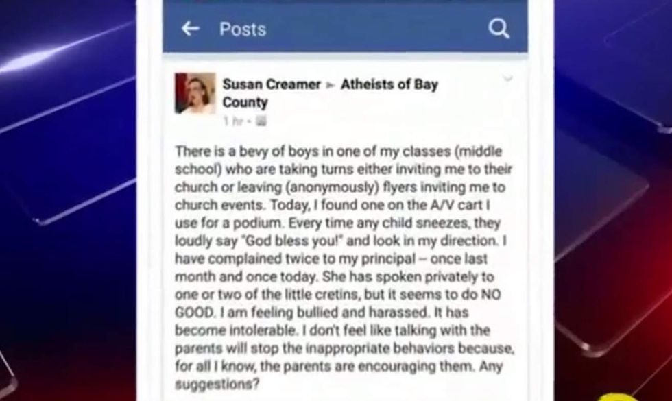 Atheist teacher under fire for saying 'little cretins' have 'bullied' her in class over her beliefs