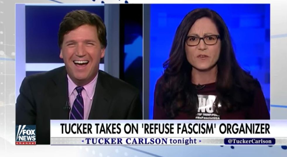 Tucker Carlson hilariously mocks protest organizer who says 'Trump is more dangerous than Hitler