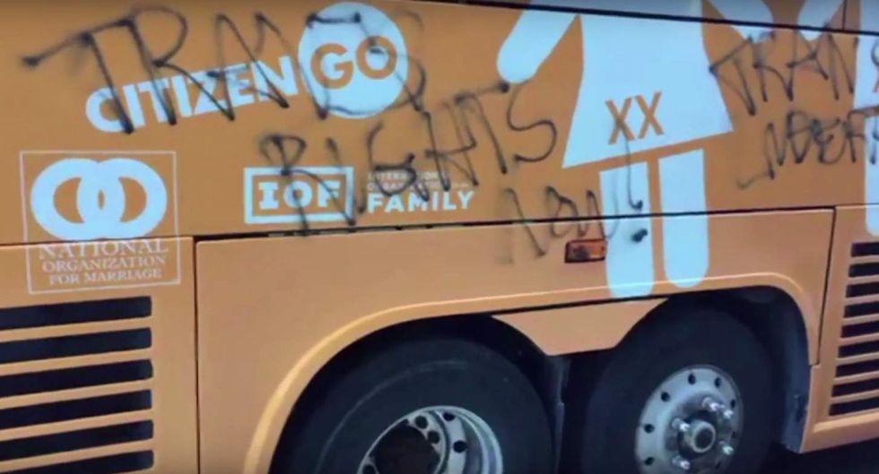 Free Speech Bus' against transgender culture is vandalized ... with 'trans rights now' graffiti