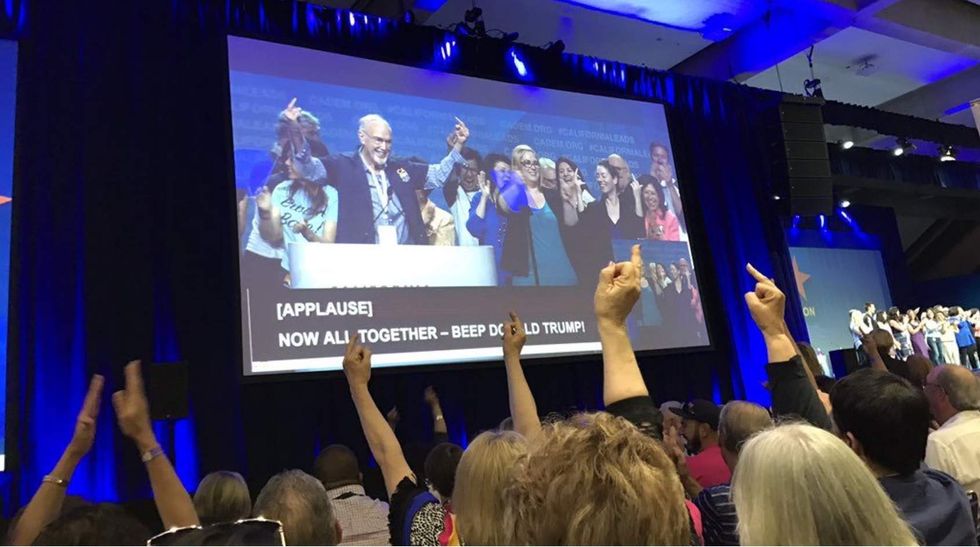 California Dem leader leads 'f**k Trump' chant at convention while holding up two middle fingers
