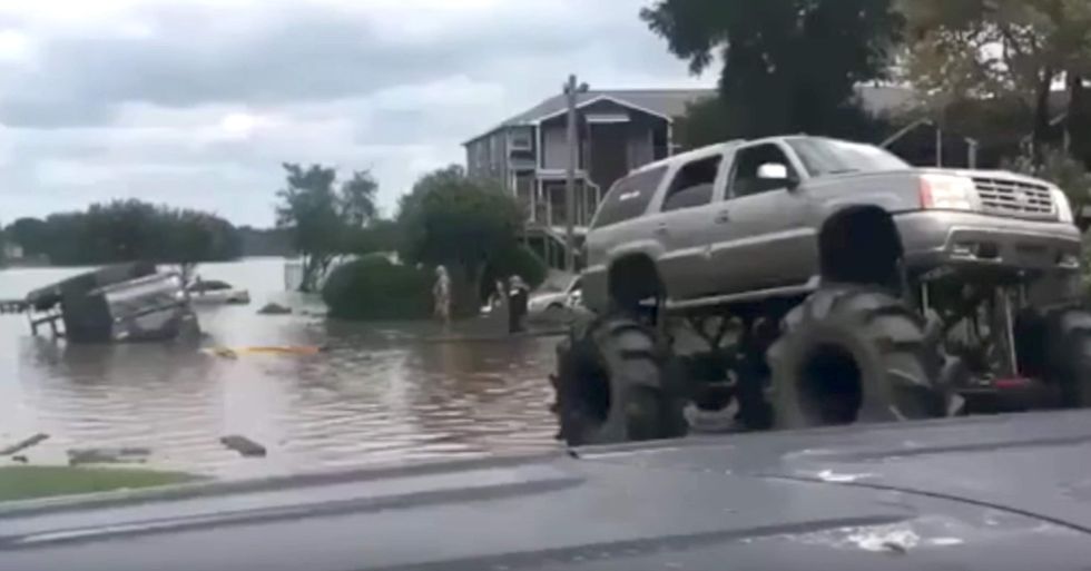 Army vehicle gets stuck in Houston floodwaters - then a monster truck drives up