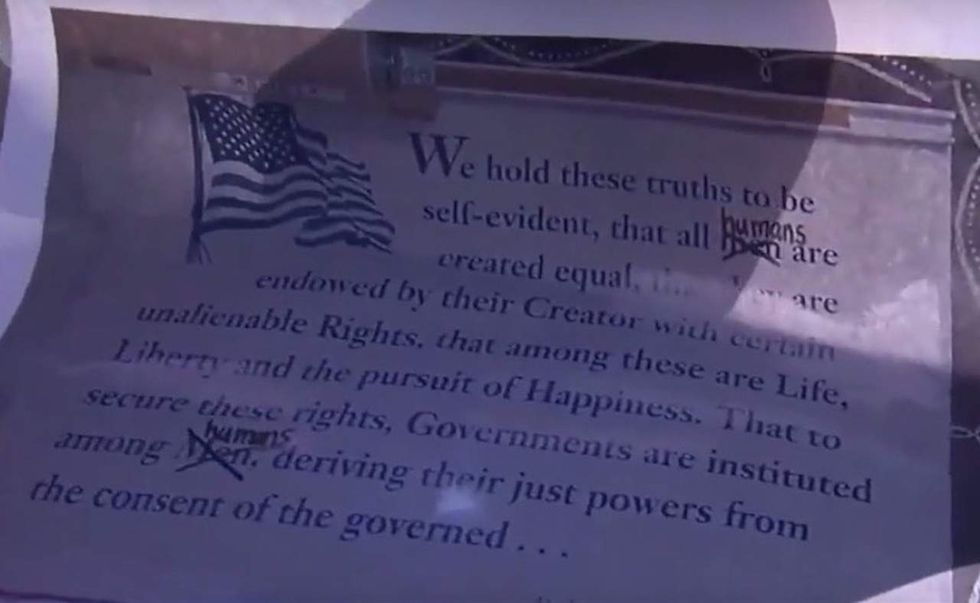 Teacher crosses out 'men' in Declaration of Independence; 4th-graders recite gender-neutral version
