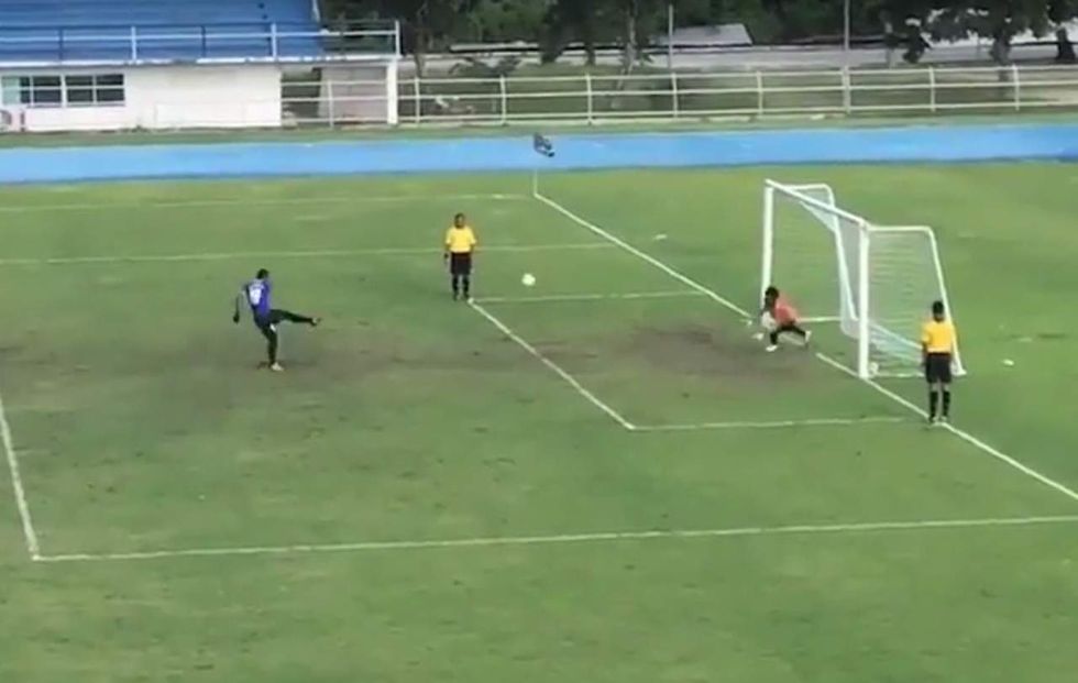 Watch what happens when a soccer goalie celebrates a rare missed