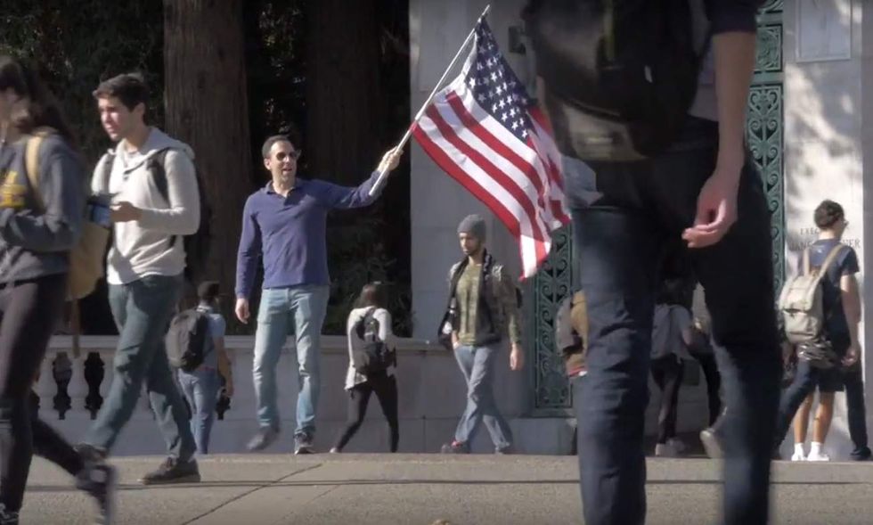Filmmaker waves American flag on Berkeley campus as experiment. Students don't like what they see.