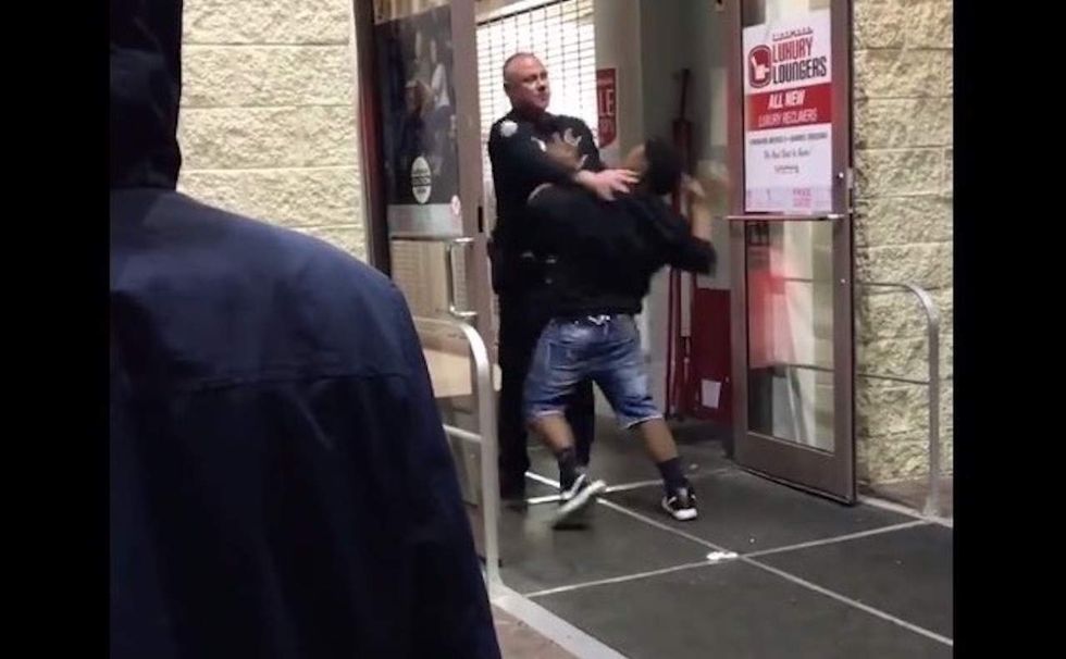 He gets in face of security guard at shopping mall. Guard shoves him — then all hell breaks loose.