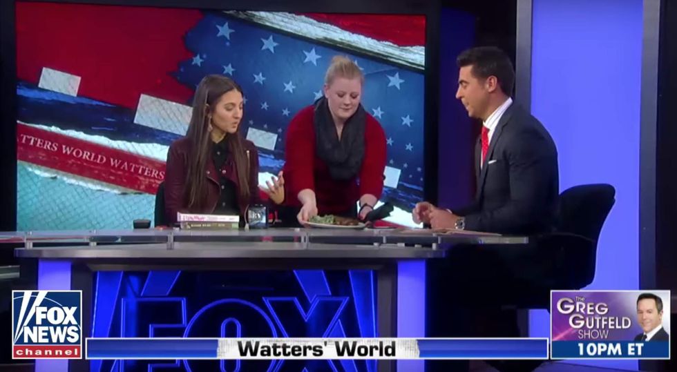See what Jesse Watters does while he debates woman who says eating meat is 'toxic masculinity