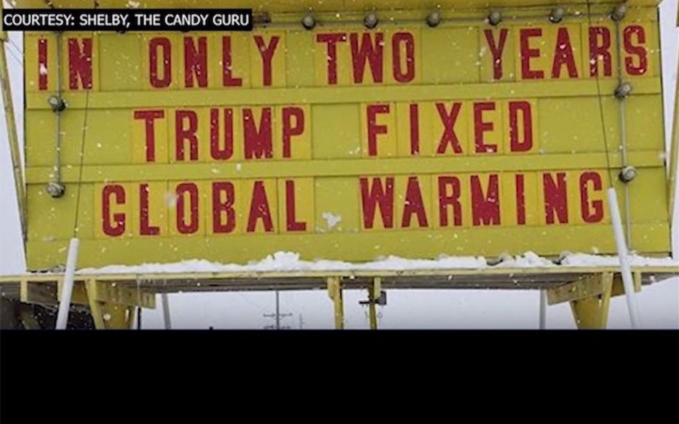 Store sign appears to stick it to climate hand-wringers — and Trump foes — as winter rages on