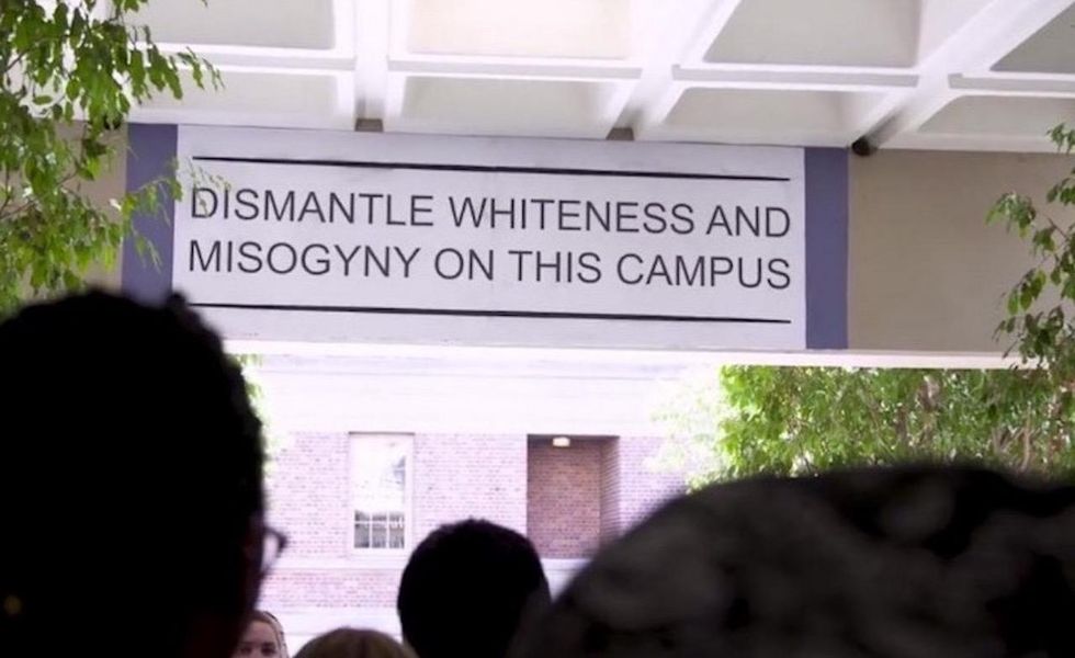Dismantle Whiteness' mural challenged by 'White Male Privilege Is a Myth' poster. But not for long.