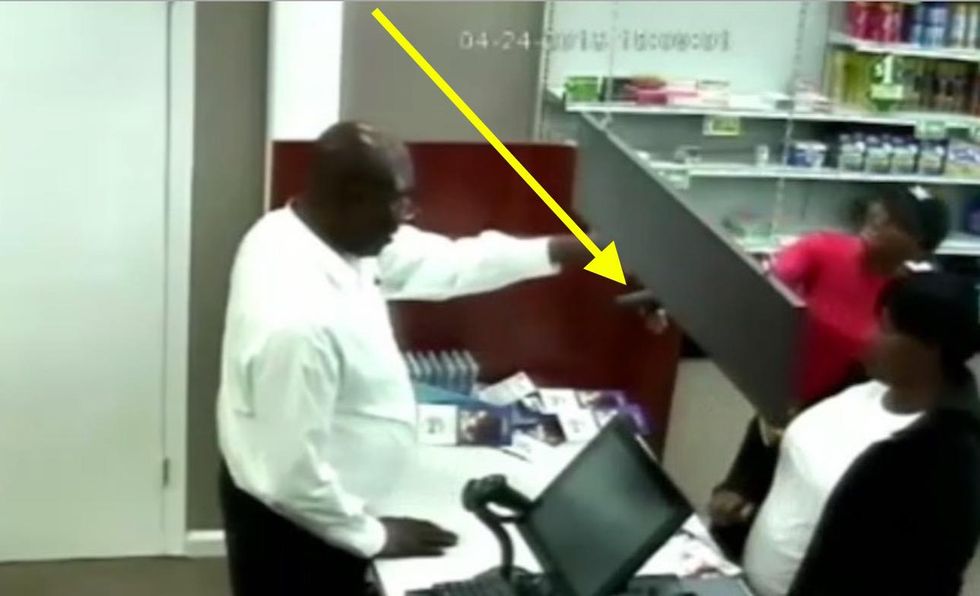 Women pull gun on pharmacy manager, mace him in face. But gutsy guy isn't having any of it.