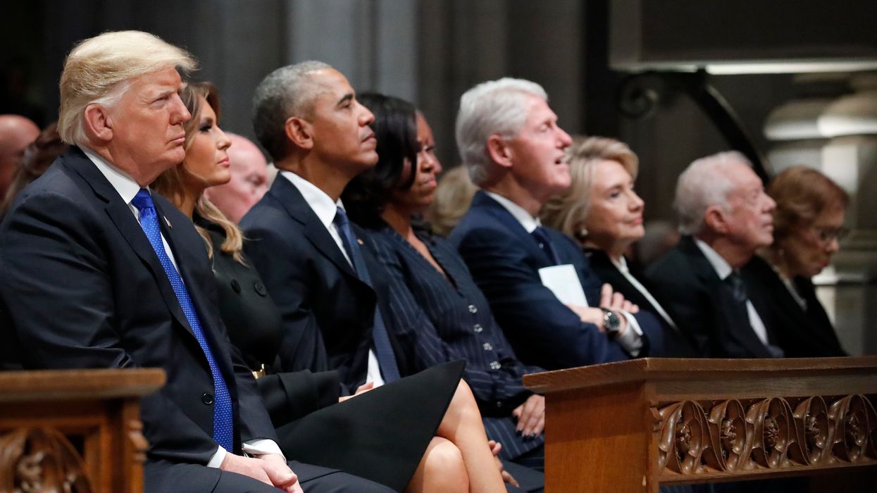 Watch: President Trump and Hillary Clinton have a chilly reunion at Bush funeral