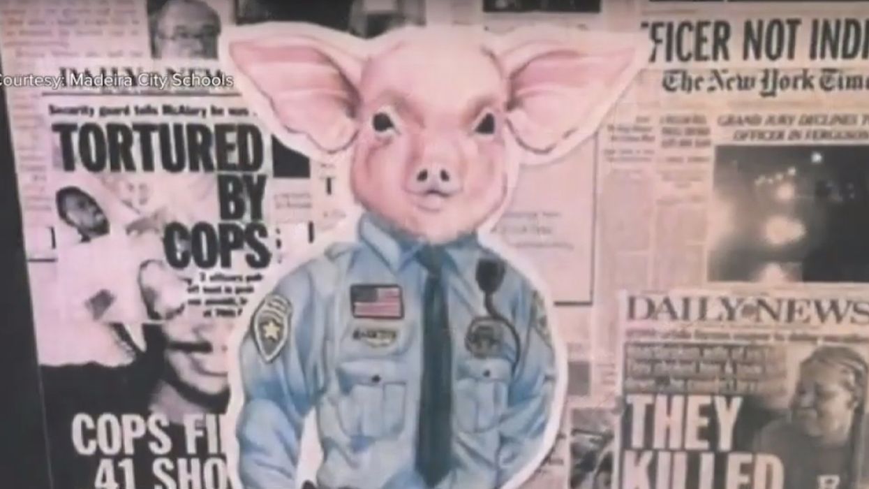 Pig-dressed-as-cop 'art' removed from building that houses police dept. Student artist allegedly wasn't after 'divisive response.'