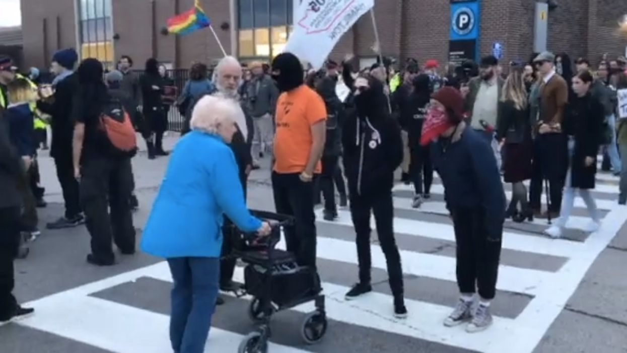 Antifa scream at elderly woman using walker, 'Off our streets Nazi scum!' and block her path outside conservative event