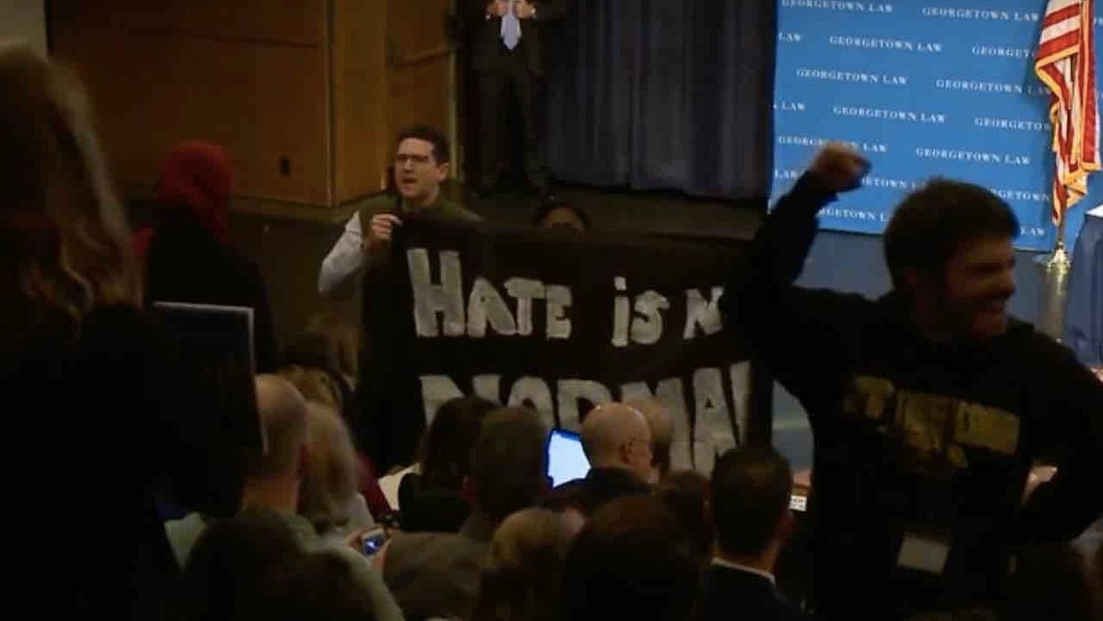 Leftist protesters relentlessly chant, shout down Homeland Security secretary's speech — until he finally gives up and leaves stage