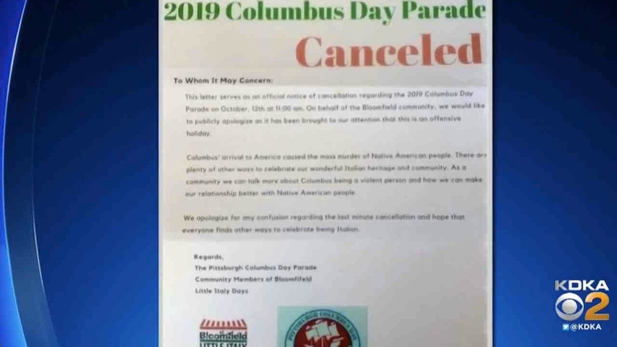 Flyer claims 'Columbus Day Parade Canceled' due to 'mass murder of Native American people.' It's a hoax.