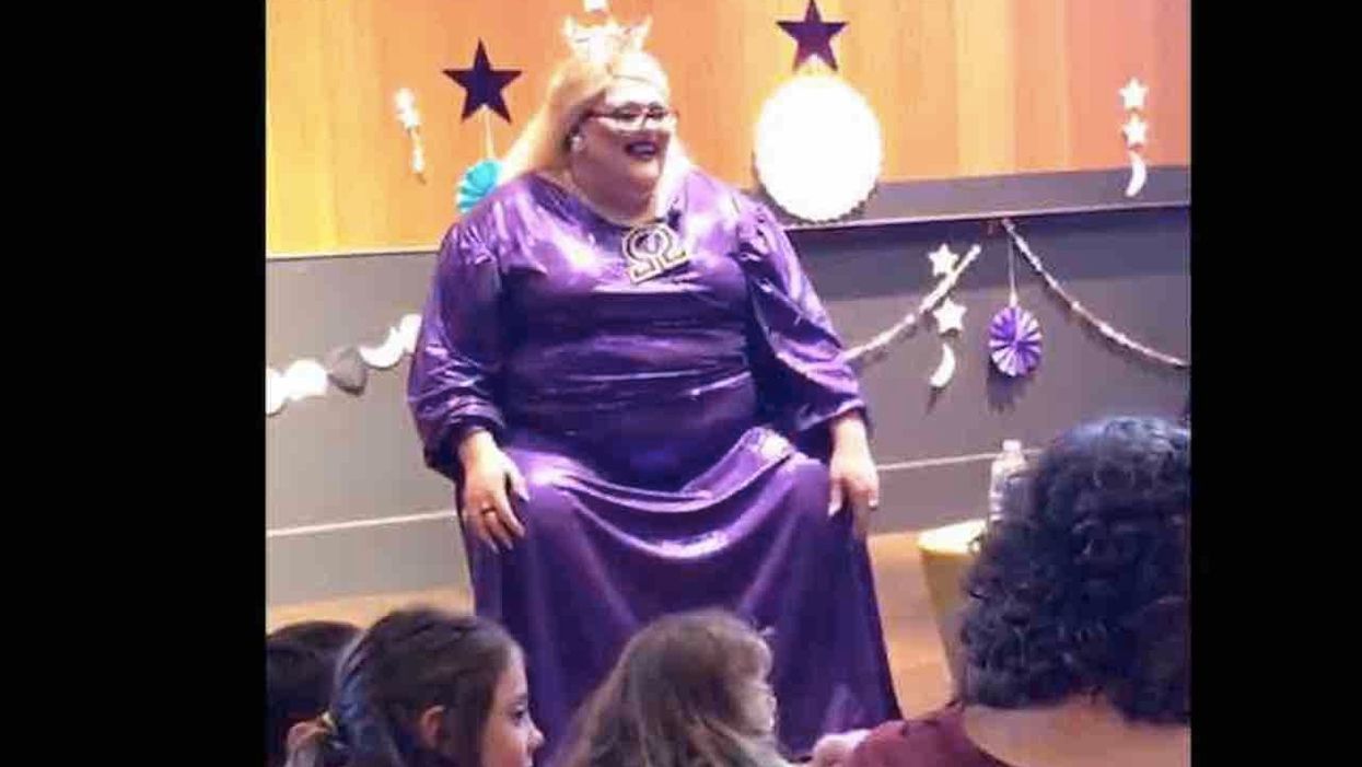 Drag queen asks children what they want to be when they grow up. One says 'Spider-Man.' Drag queen adds, 'Or Princess Spider-Man — you never know.'