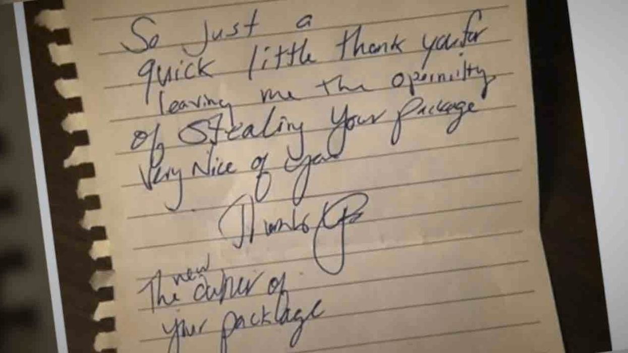 Package thief leaves snarky 'thank you' note for victim. But she hopes to have last laugh with decoy box featuring 'a little gift' from her dog.