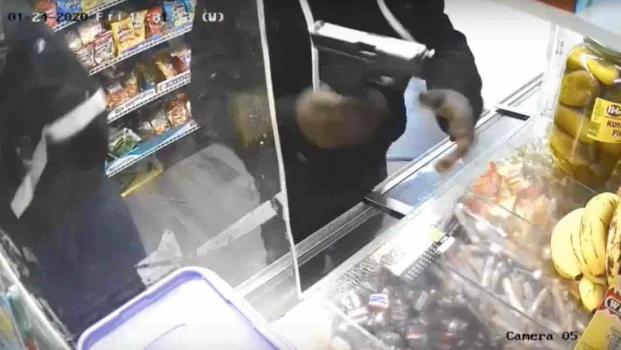 Pair of hooded crooks pull gun on store clerk. But when clerk fires his own gun at them, suspects suddenly decide they just can't stay.