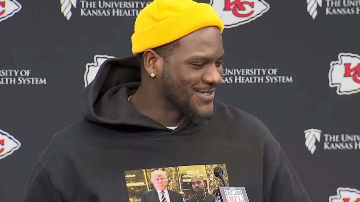 Kansas City Chiefs player wears  image of Trump meeting Kanye West during Super Bowl press conference