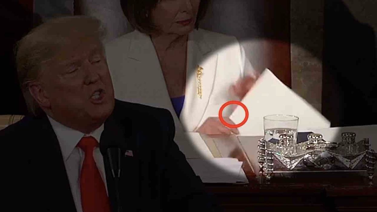 VIDEO: 'Courageous' Nancy Pelosi appears to make tiny tears in President Trump's State of the Union speech long before ripping it up