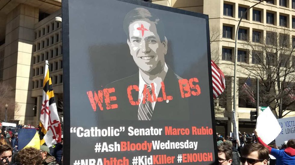 ‘March for Our Lives’ sign attacks Rubio, other pro-Second Amendment Catholics
