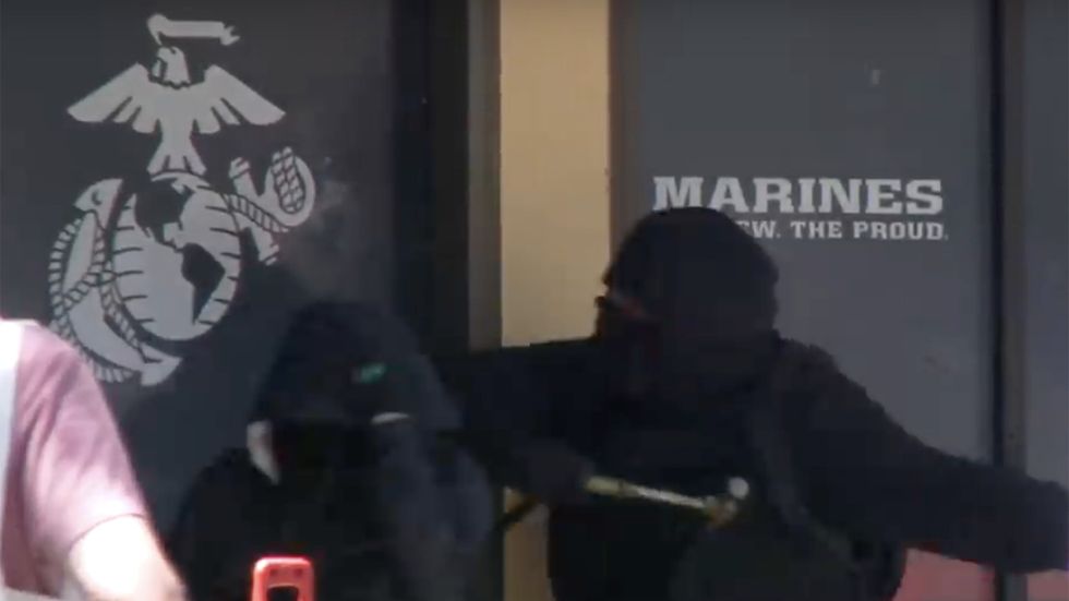 WATCH: Berkeley Antifa mob breaks windows at Marine Corps recruiting office