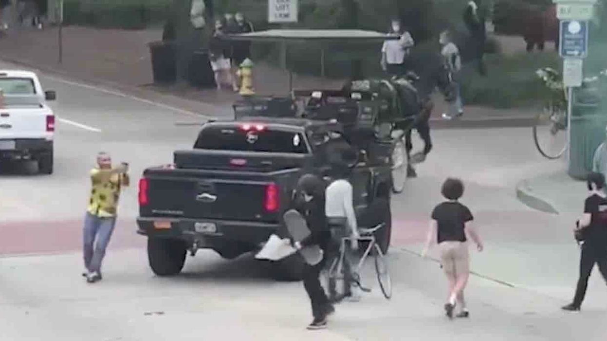 Motorist pulls gun on Black Lives Matter protesters attacking his truck. They were blocking road, and he tossed smoke grenade at them, cops say.