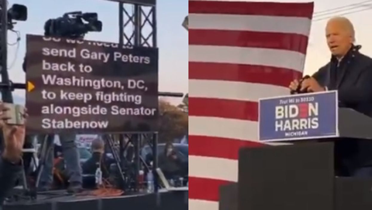 Joe Biden reads from a giant teleprompter at another sparsely attended rally