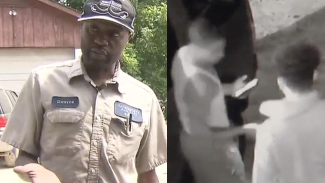 Auto shop vandalized with racist graffiti, so the owner installed cameras. Video captured two black suspects.