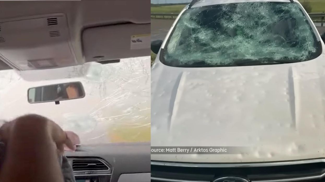 VIDEO: Passengers take cover as softball-sized hail crashes through car windows and damages vehicles