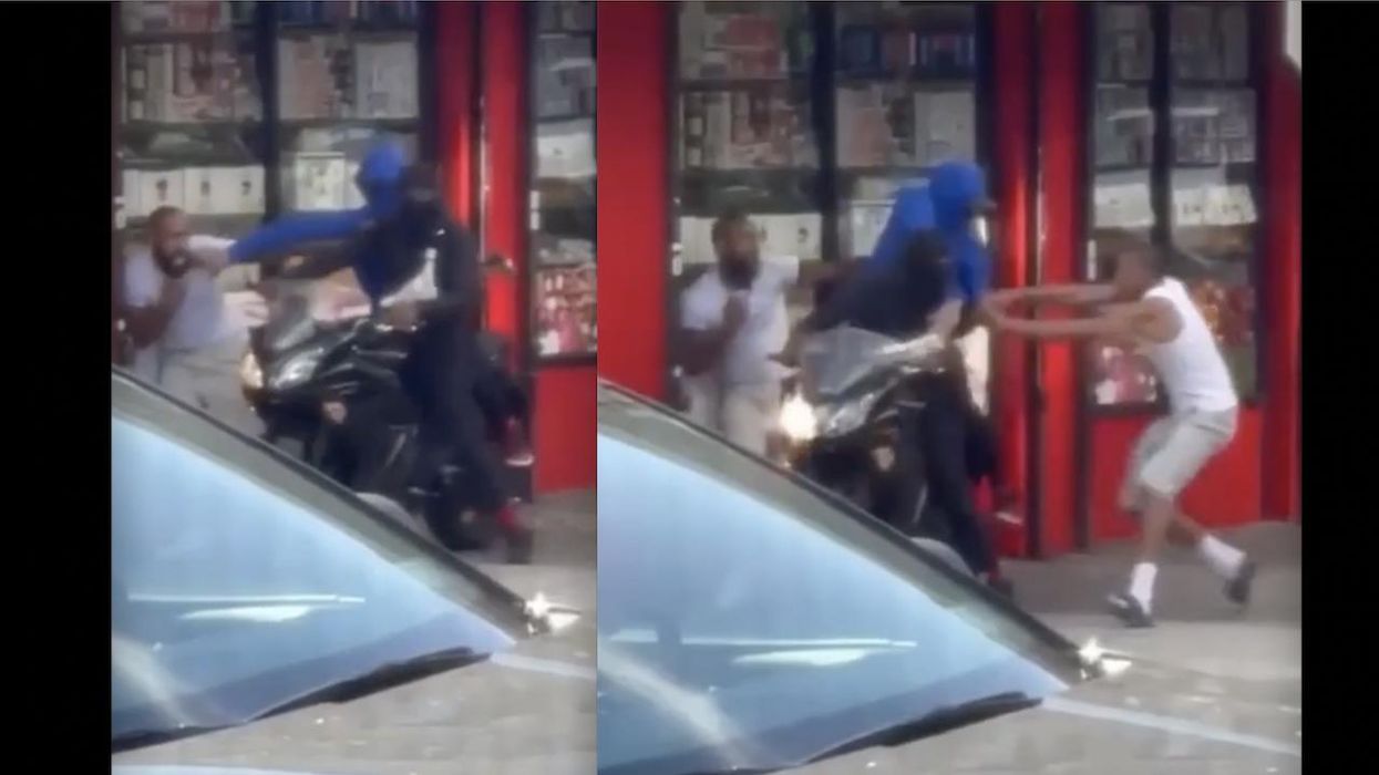 Video: Good Samaritan yanks gun from hooded motorcycle rider trying to rob limping man who repeatedly hollers, 'Help!' on NYC sidewalk