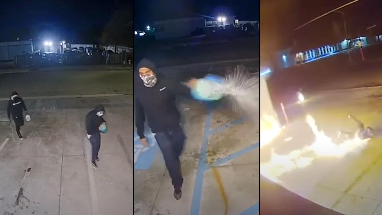 Security video shows 2 men accidentally light themselves on fire while committing arson in California