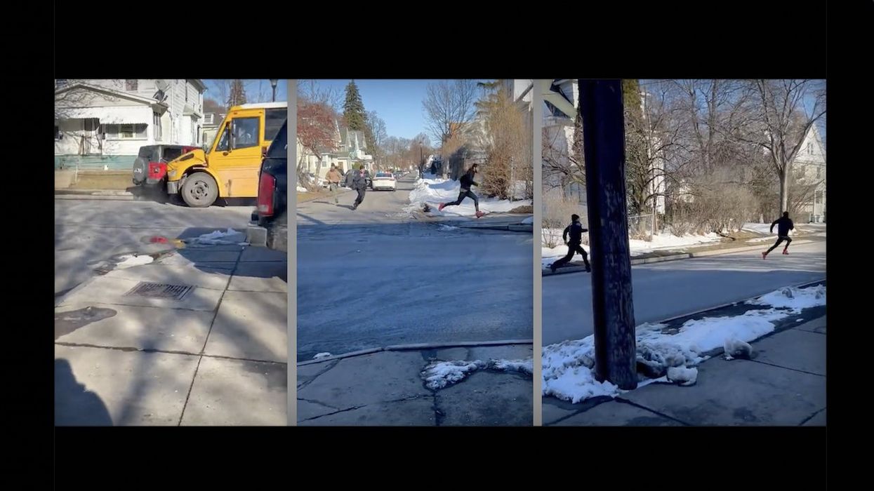 Wild video: Carjackers crash stolen Jeep into school bus, students get jolted by collision — and one suspect tries to escape from cops on foot