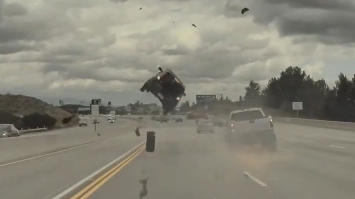 Footage shows loose tire send Kia Soul flying above LA freeway