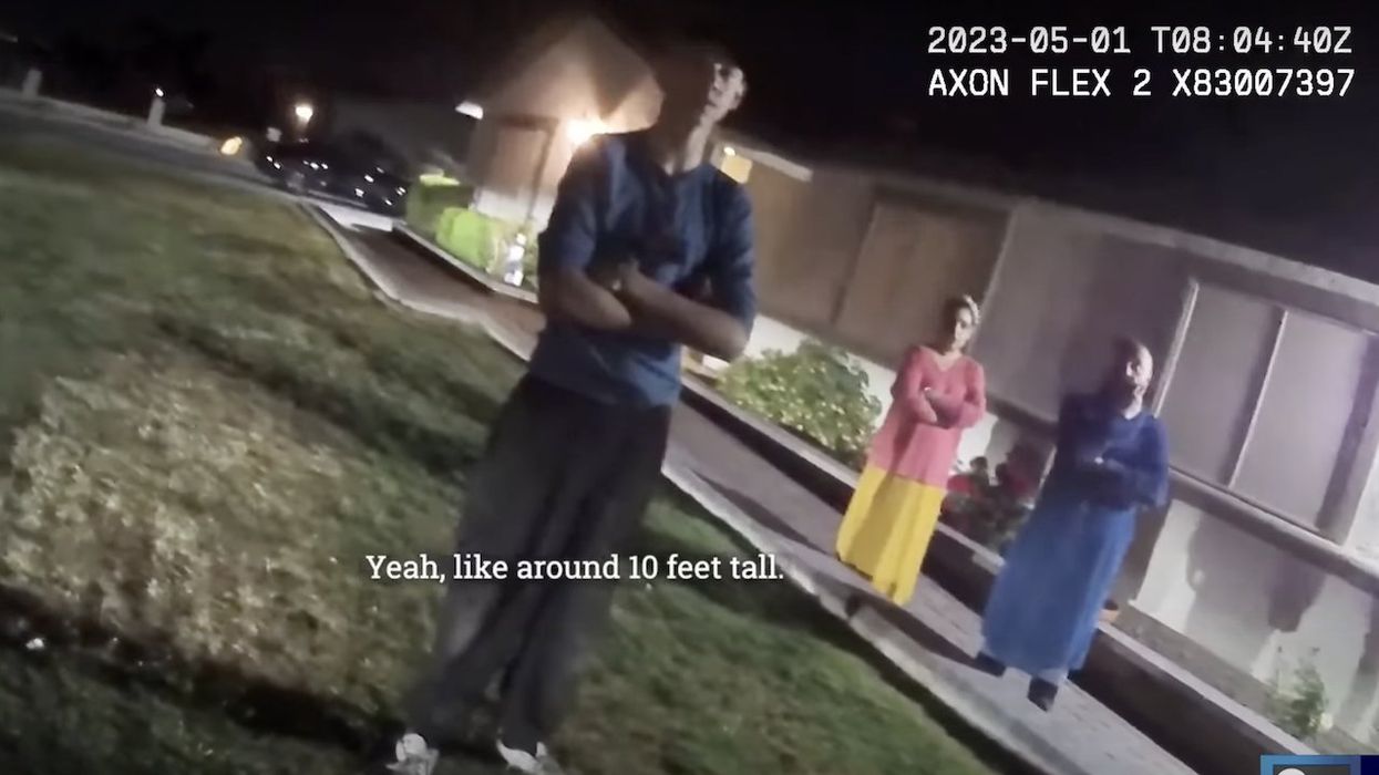 News station's wild story: 911 caller sees 10-foot-tall 'aliens' with 'big eyes' in backyard, says 'they're not human'; cop on way to scene confesses, 'I have butterflies, bro'