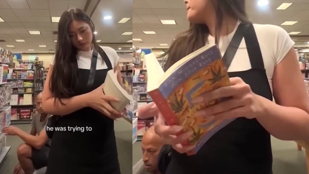 Woman sets up camera for social media in book store and captures a man being very creepy behind her