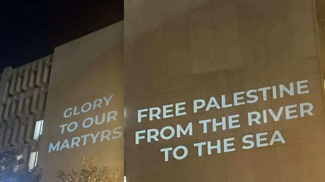 Anti-Israel slogans — including one viewed as call to eliminate Jewish state — projected on library wall at prominent college. Then campus police show up.