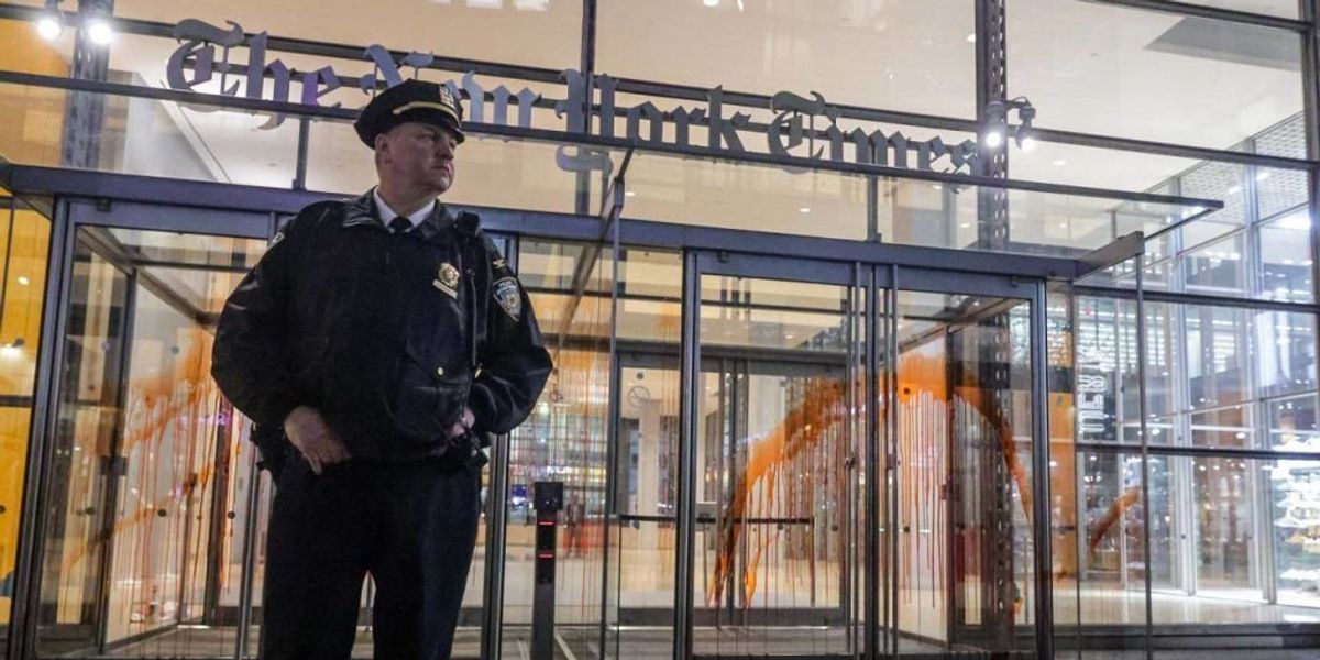 NextImg:Pro-Palestine mob splatters fake blood on New York Times building, shuts down Grand Central Station, tears down American flags | Blaze Media