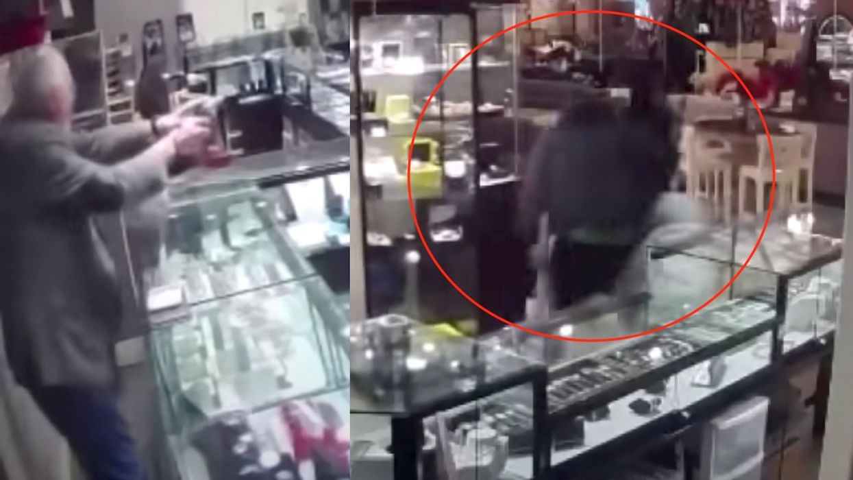 Video shows elderly man thwart smash and grab robbery by waving his .38-caliber revolver at gang of thugs
