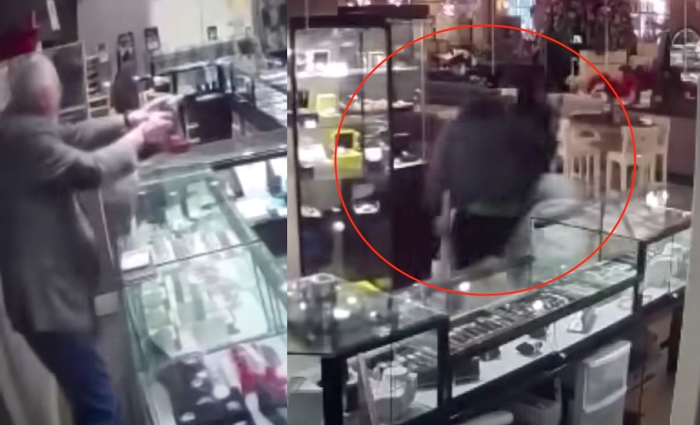 Video shows elderly man thwart smash and grab robbery by waving his .38-caliber revolver at gang of thugs