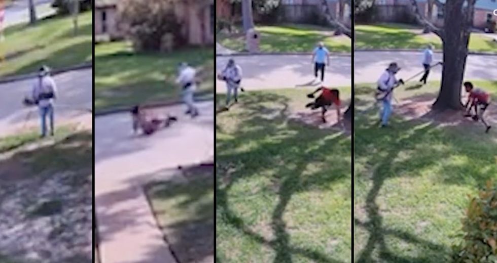Lawn worker uses weed eater to knock alleged thief from getaway car on security video from Houston