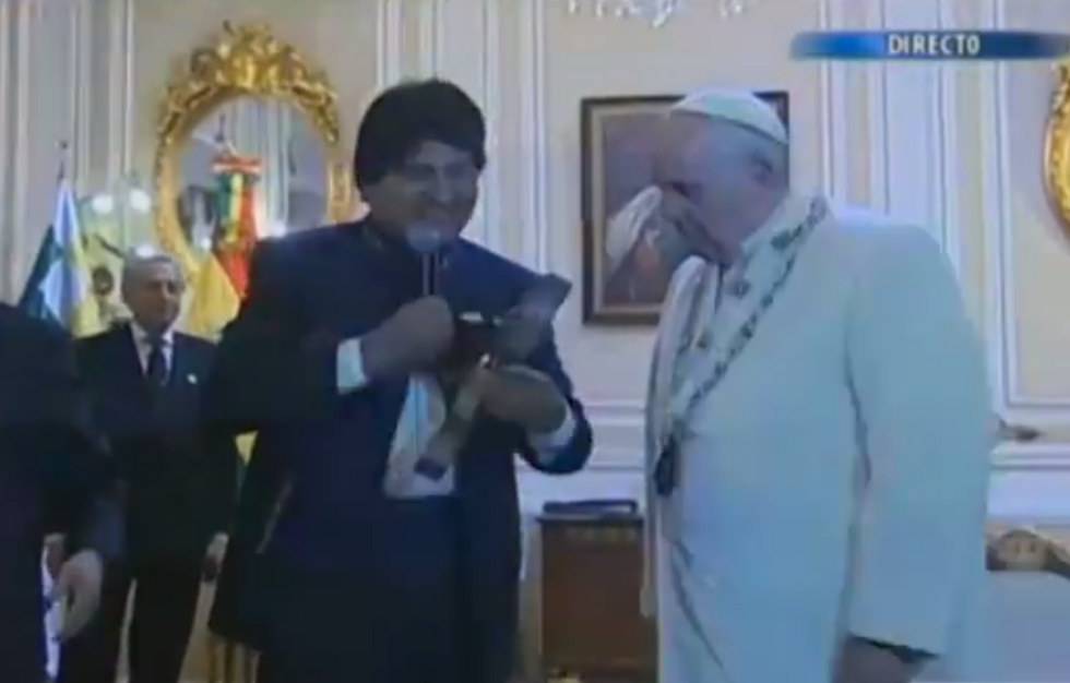 Listen Closely to Response of Pope Francis When Bolivian President Gives Him a Communist Crucifix