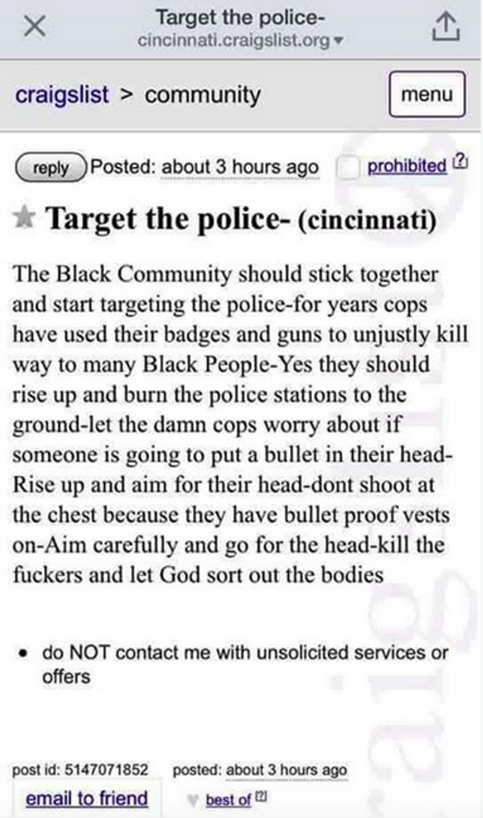 Sheriff's Office Find Shockingly Vile Anti-Police Craigslist Ad: 'Black People – Yes They Should Rise Up…\
