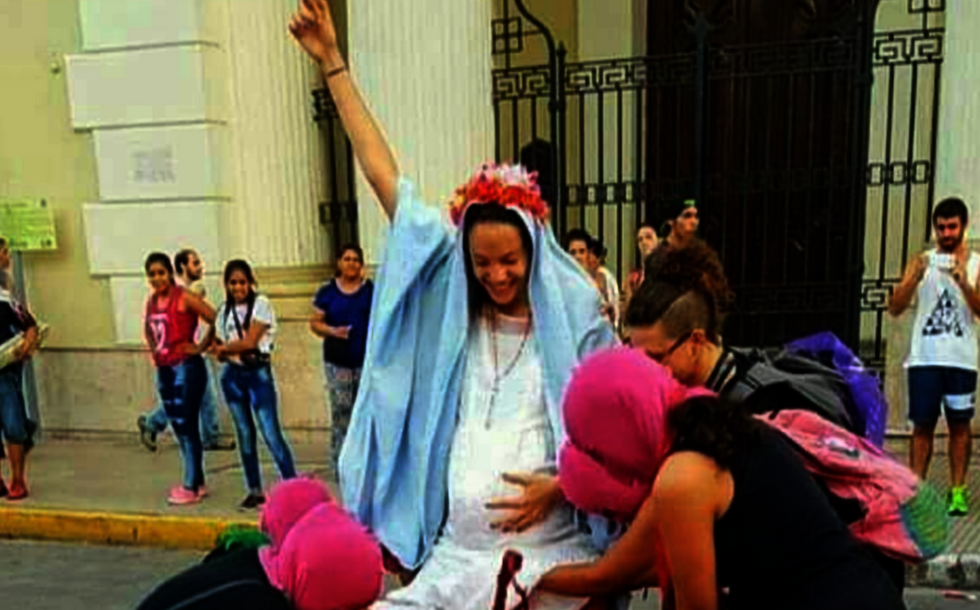 Feminists acted out an abortion performed on the Virgin Mary for Women's Day