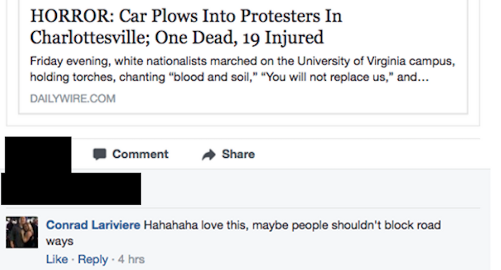 This Facebook comment about the Charlottesville protests got a police officer fired
