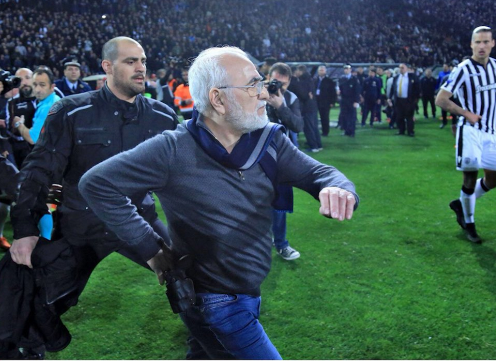 Entire Greek soccer league shuts down after team owner charges the field with his gun