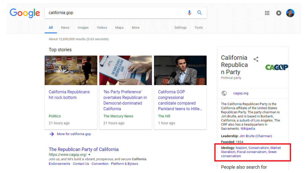 Google search labeled California GOP's ideology as 'Nazism'